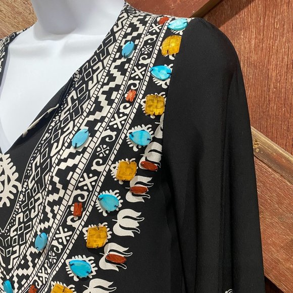 Chico's Beaded Southwestern Dress Size Small 0, Size 4 Stretch Colorful Bell Sle - Picture 5 of 12